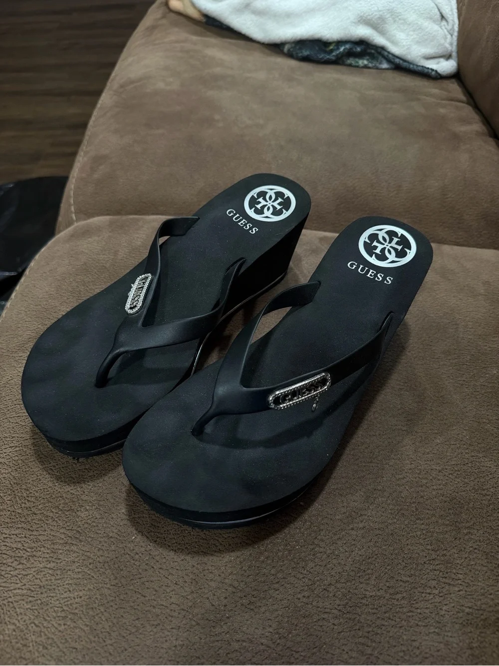 Guess Black Wedge Flip Sandals with Silver Logo Accent